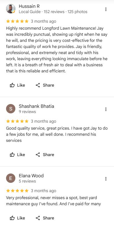 Five-star Google reviews for Longford Property Maintenance from Hussain R, Shashank Bhatia and Elana Wood