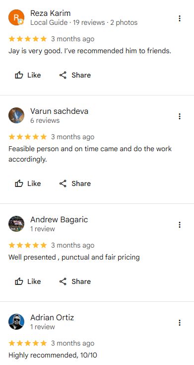 Five-star Google reviews for Longford Property Maintenance from Reza Karim, Varun Sachdeva, Andrew Bagaric and Adrian Ortiz